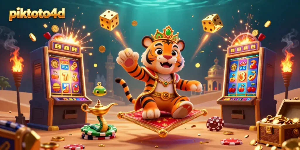 Experience the excitement of piktoto4d with a vibrant casino scene featuring a jackpot explosion and colorful game elements.
