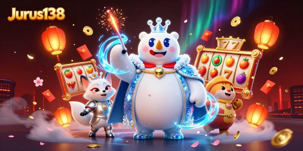 Engage with Jurus138's vibrant 3D illustration showcasing a polar bear king and snow fox in a gambling scene.