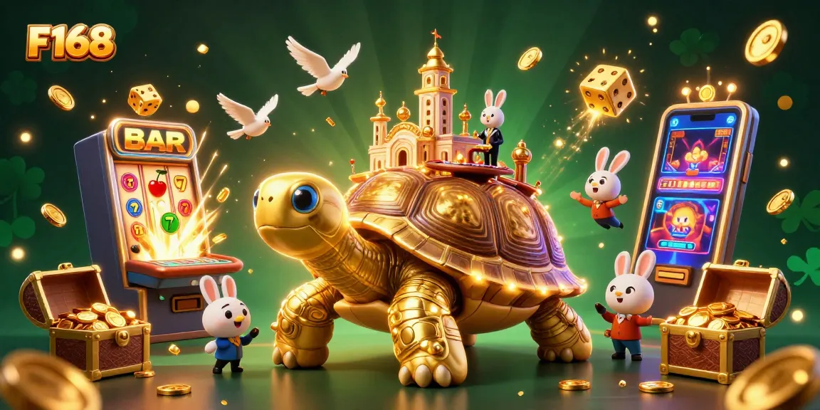 Engaging F168 gaming scene with a tortoise casino and vibrant elements showcasing the thrill of online gambling.