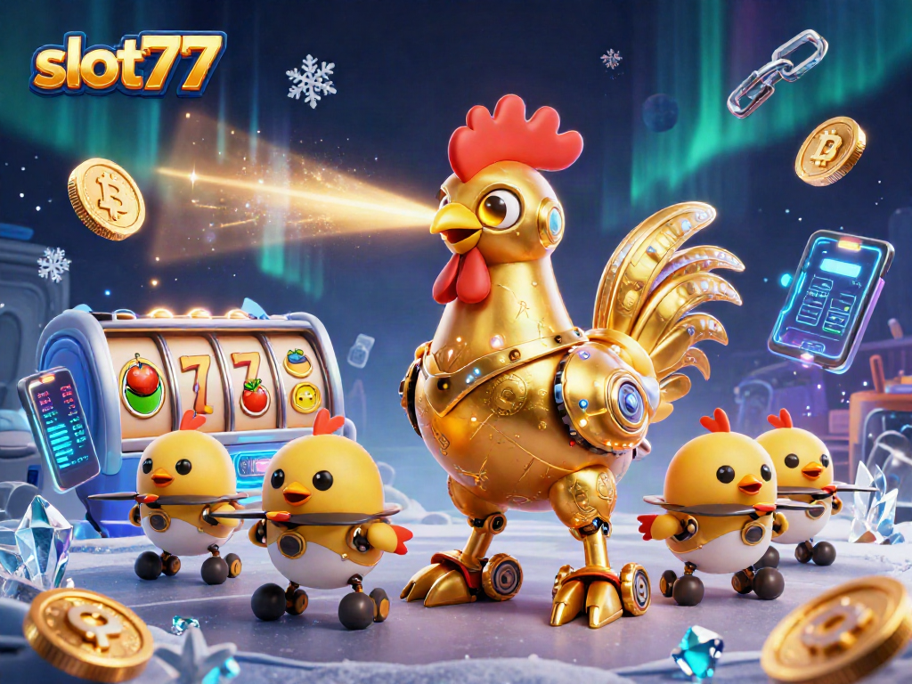 slot77 menang besar dengan simbol buah dan jackpot di latar belakang grafik cryptocurrency