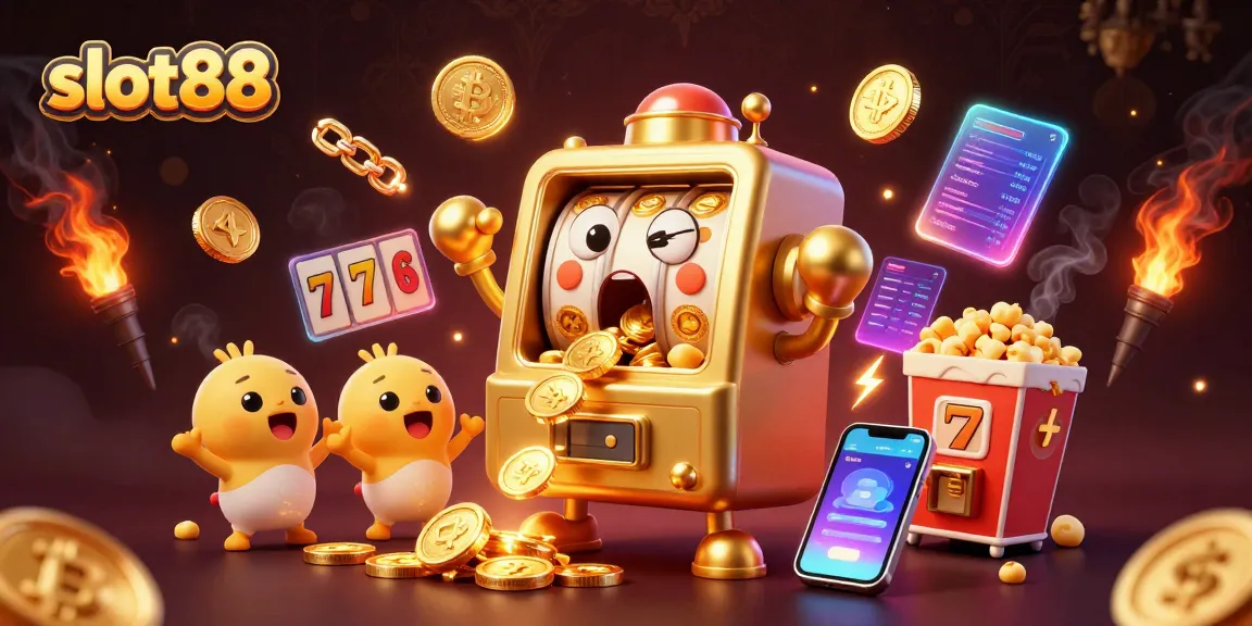 Pemain slot88 merayakan jackpot di mesin slot emas yang mengeluarkan koin, suasana kasino yang meriah.