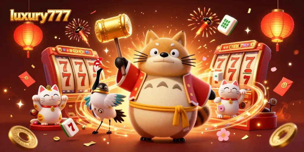 Experience luxury777 vibes with joyful tanuki and exciting slot reels in this vibrant casino illustration.