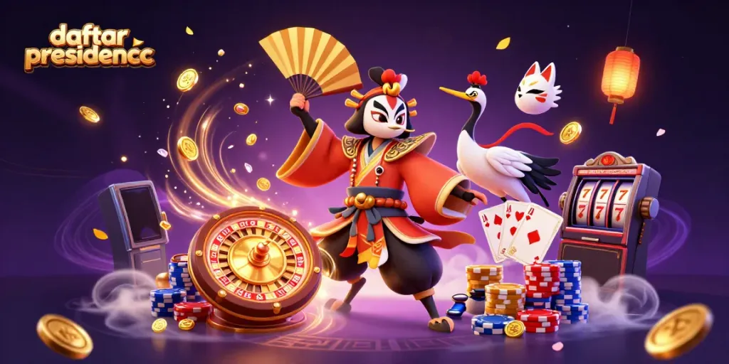 Engage in thrilling gaming with daftar presidencc featuring vibrant characters, coins, and casino elements.