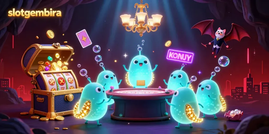 Experience exciting gameplay at slotgembira with vibrant glowworm casino illustration showcasing colorful slot reels and a bat dealer.