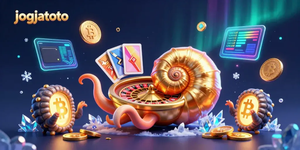 Experience exciting gameplay with jogjatoto featuring a glowing nautilus roulette wheel and floating cryptocurrencies.