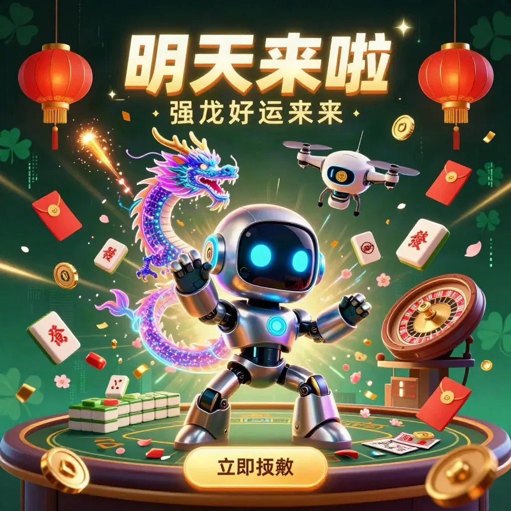 Robot cyberpunk, naga hologram, dan drone koin di tengah ledakan emas kasino.