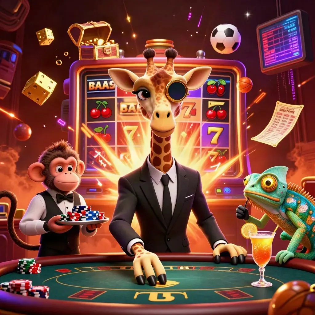 Giraffe, monyet, dan bunglon kasino dikelilingi slot, koin, bola, dan cahaya neon.