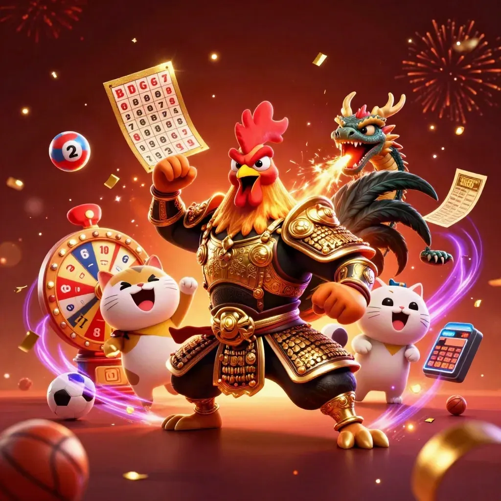 Ayam samurai, naga kecil, dan kucing keberuntungan dikelilingi bola, tiket, dan kilau kasino.