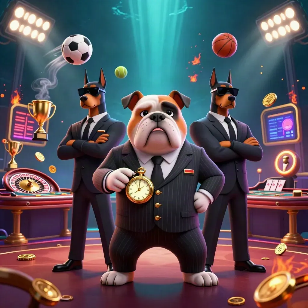 Bulldog mafia dan dua doberman berjaga di kasino mewah, dikelilingi bola, trofi, koin, lampu, dan meja permainan.