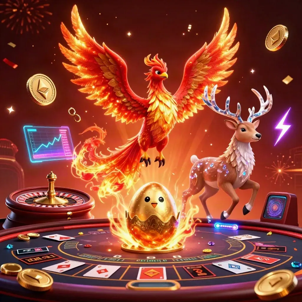 Phoenix api, rusa kristal, dan elemen kasino mewah dengan koin emas berkilau.