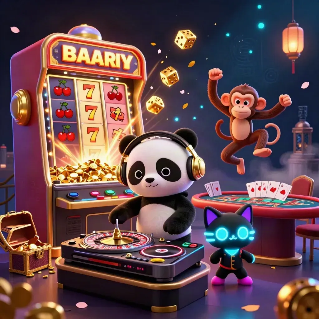 Panda DJ, monyet breakdance, dan kucing rave di kasino mewah dengan mesin slot dan kilau emas