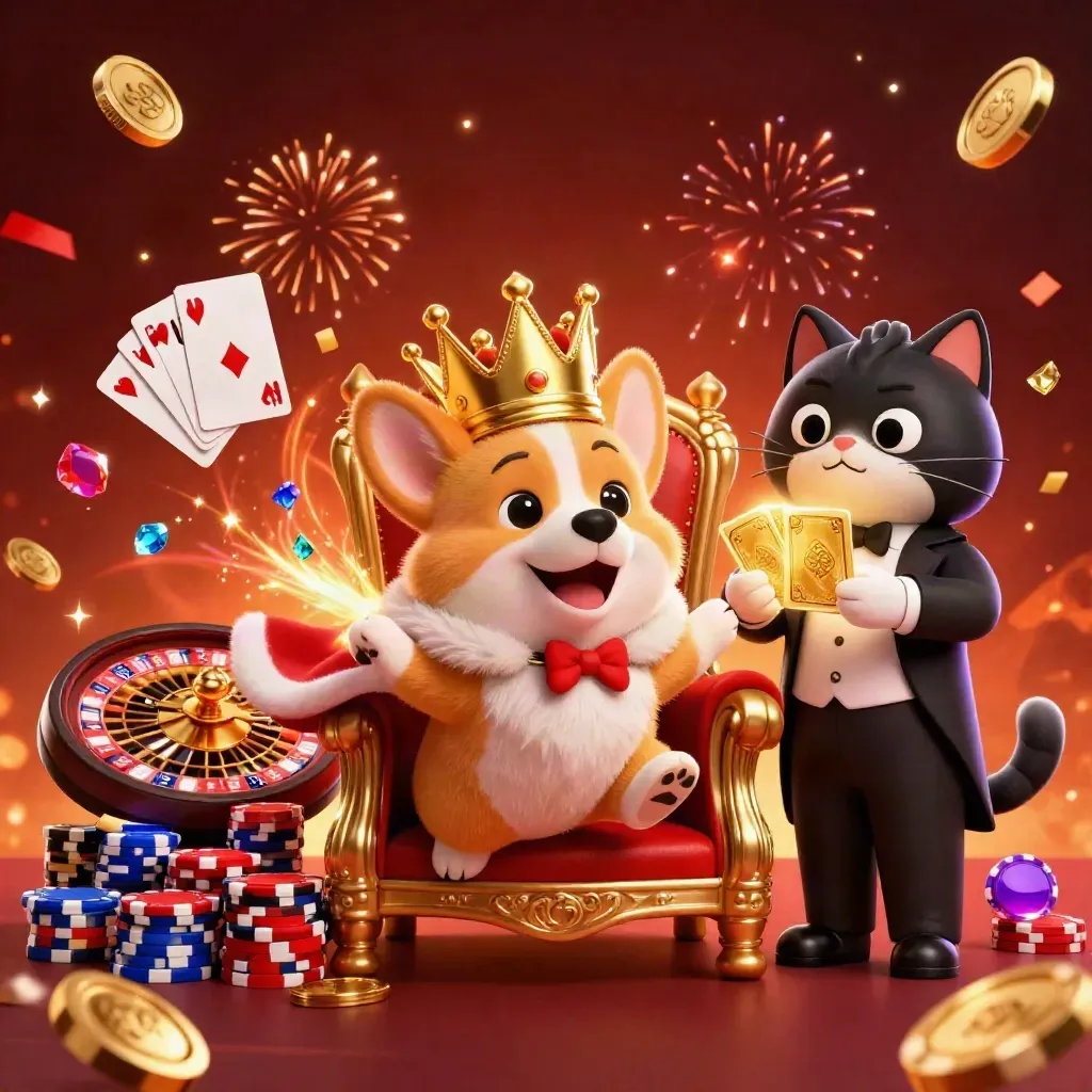 Royal corgi dan kucing butler dikelilingi koin emas, permata, dan aura kasino mewah.