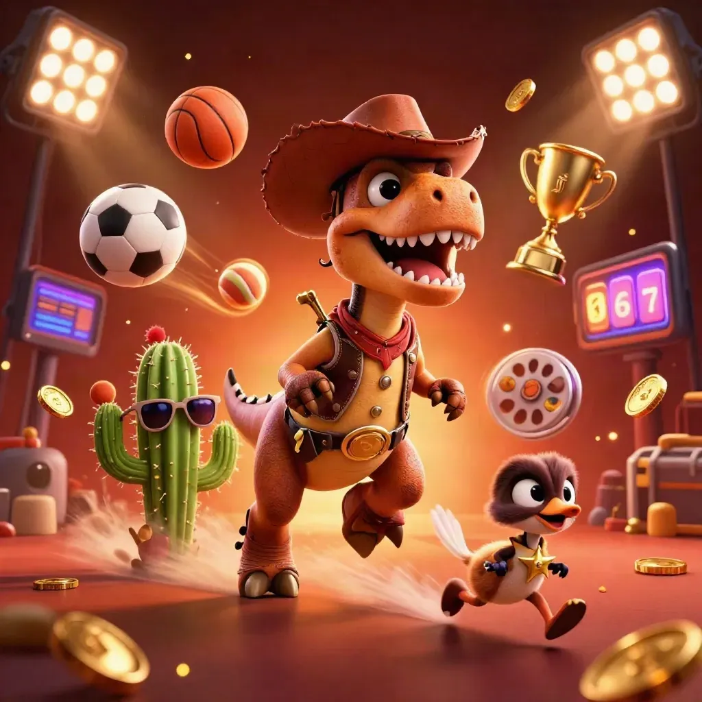 T-Rex koboi, kaktus, dan roadrunner dikelilingi bola olahraga, trofi, koin emas, dan kilau ungu.
