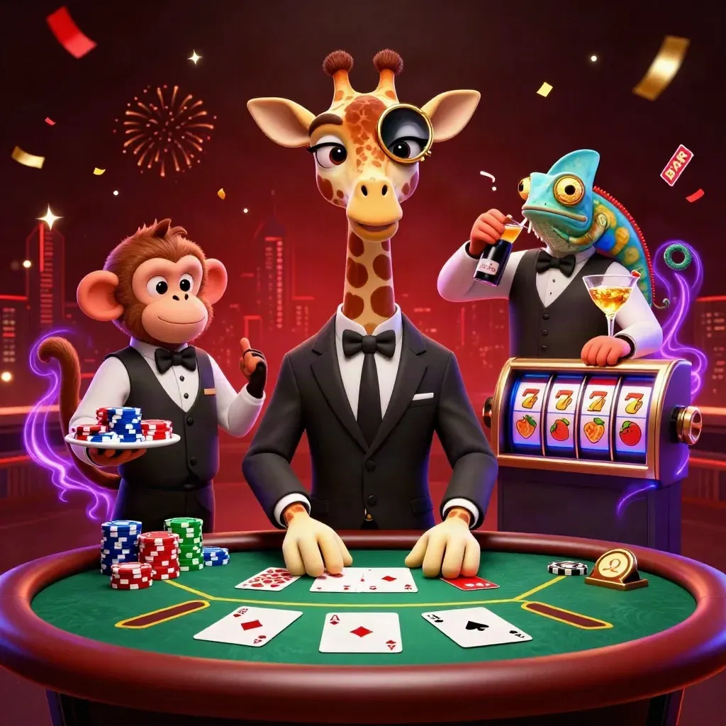 Jerapah berjubah, monyet valet, dan bunglon bartender di meja poker penuh kilau neon.
