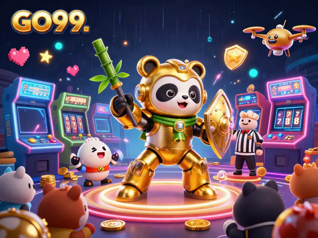 Experience the thrill of gambling with GO99., featuring a mech-suit panda and 3D casino elements.