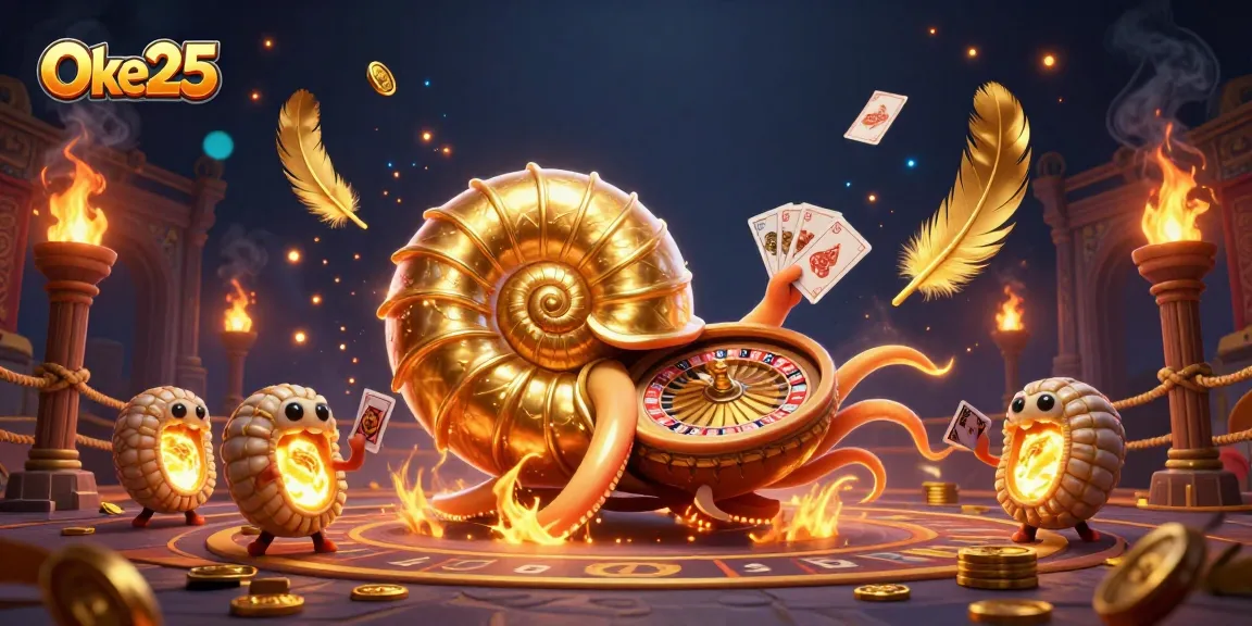 Oke25 menampilkan permainan kartu di arena kasino dengan nautilus berkilau.
