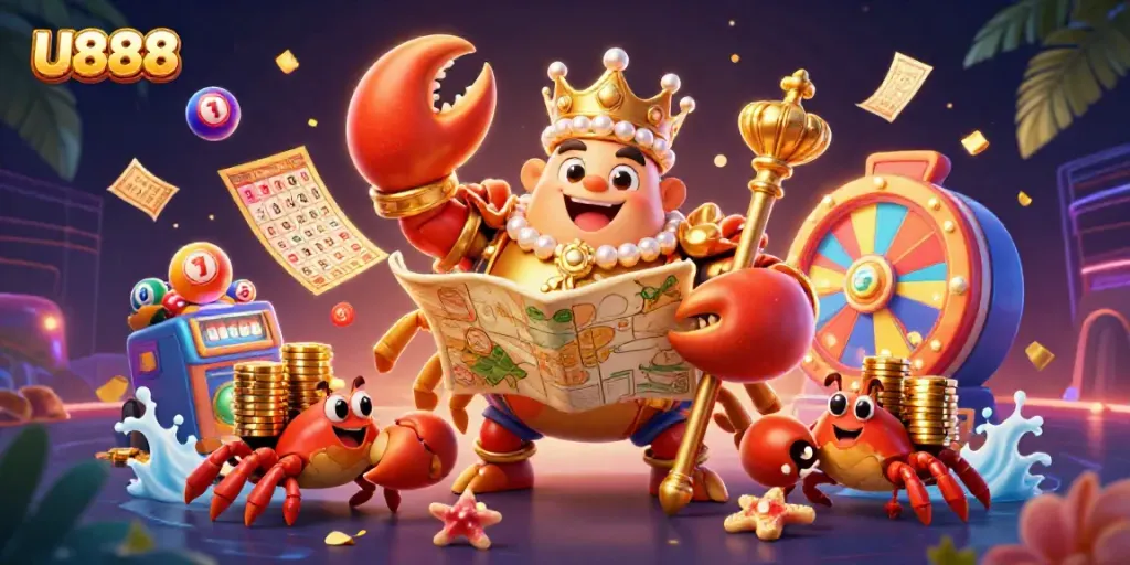 Engage with U888's vibrant gaming scene, showcasing lively lottery elements and a majestic crab.