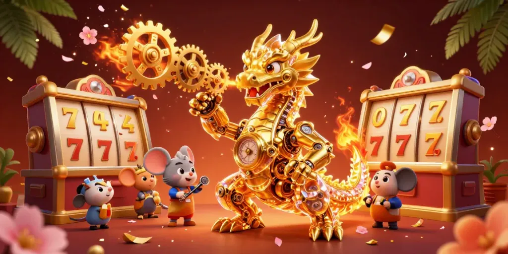 Menangkan jackpot di slot dengan tampilan mencolok yang menampilkan naga emas dan simbol keberuntungan.