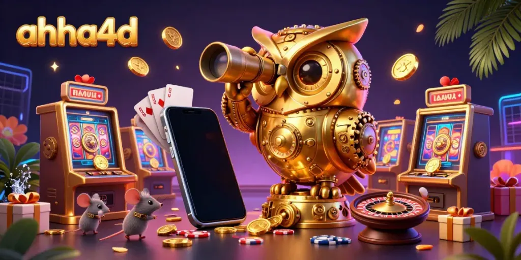 Experience vibrant gameplay at ahha4d with a golden owl and dynamic slot machines in a bustling casino.