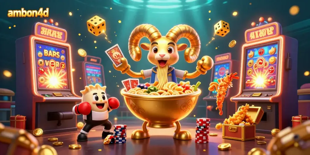 ambon4d showcases a vibrant 3D scene with a giant ramen bowl character dealing casino games and jackpots