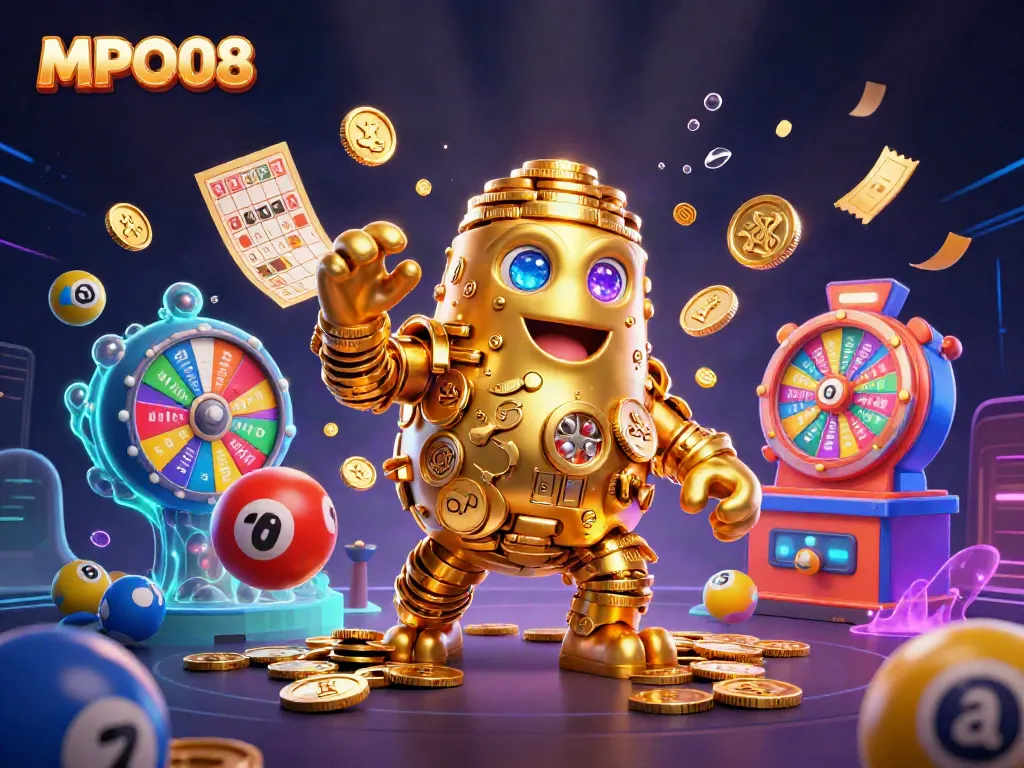 MPO08 showcases a dynamic lottery scene with a golden golem and vibrant game elements bursting forth.