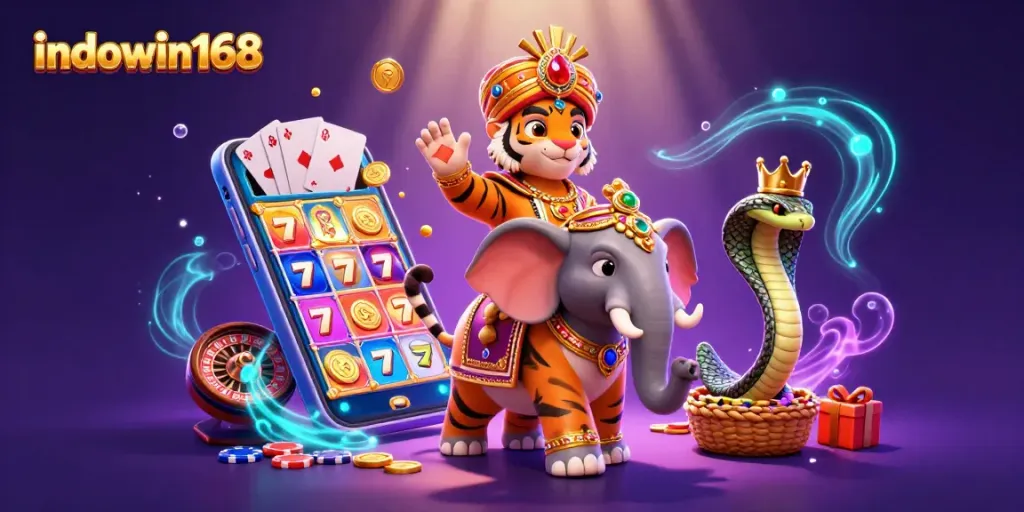 Engage with the indowin168 world through an immersive slot game experience featuring a cartoon maharaja and his elephant.