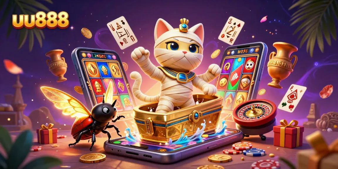 Spin the reels and win big with uu888 in this vibrant Egyptian-themed casino illustration.