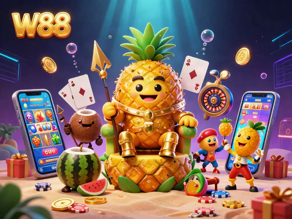 Experience the W88 casino adventure with the golden pineapple king and his tropical entourage.