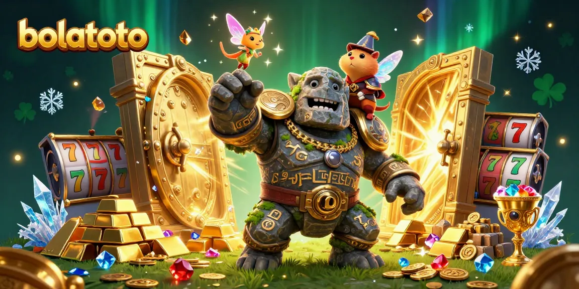 Spin to win big at bolatoto with lively characters and dazzling riches in this vibrant gaming illustration.