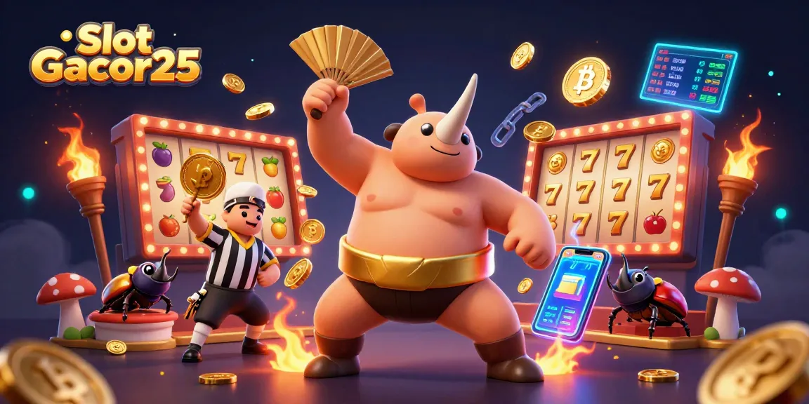 Slot Gacor25 menghadirkan suasana kasino digital dengan simbol slot, koin emas, dan karakter lucu yang menari.