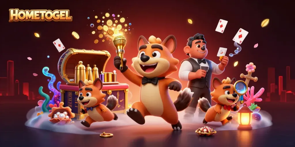 HOMETOGEL-themed 3D casino illustration featuring hyenas in a comedy club setting with vibrant casino elements.
