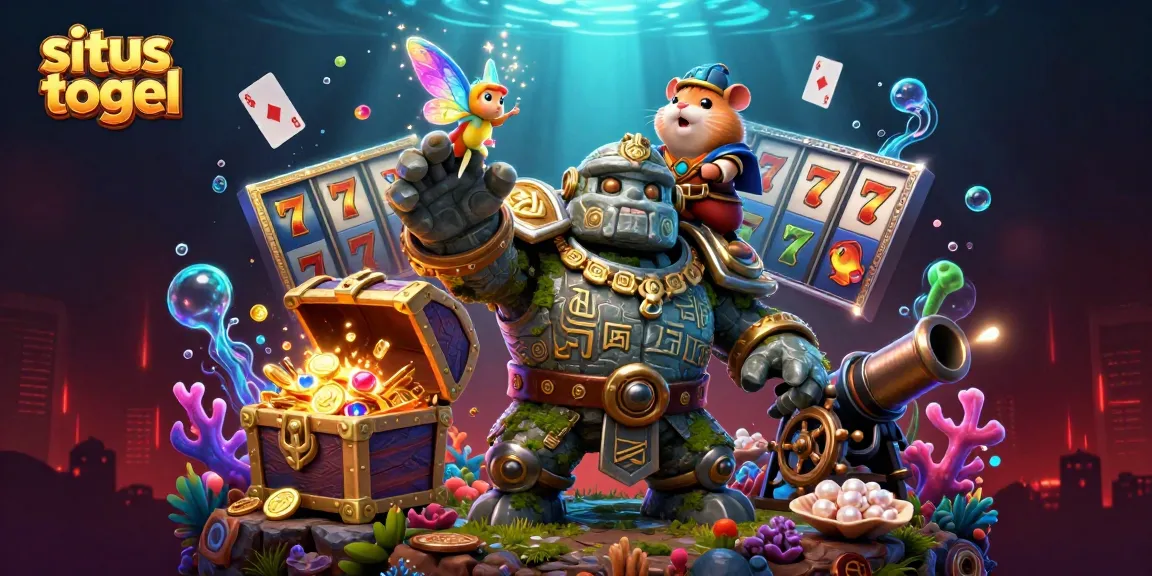 Gambarkan permainan situs togel dengan golem guardian, peri, dan hamster kesatria