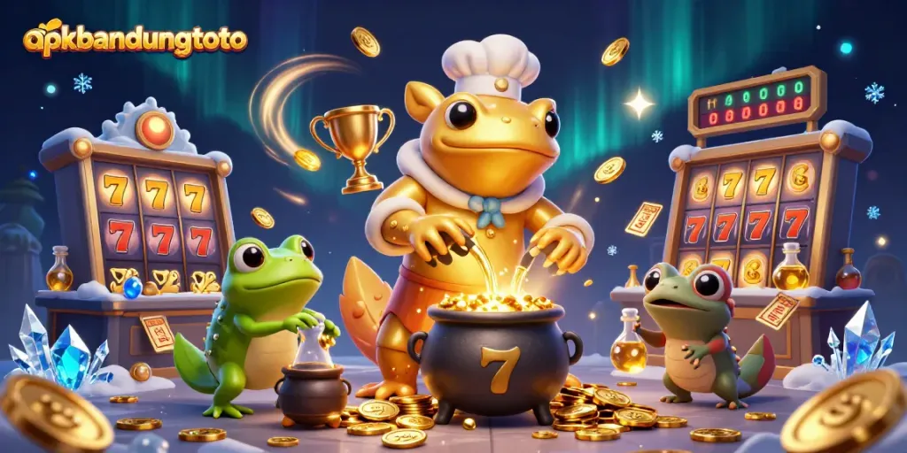 Experience thrilling gameplay at apkbandungtoto with dynamic slot reels and golden coins amidst lively characters.