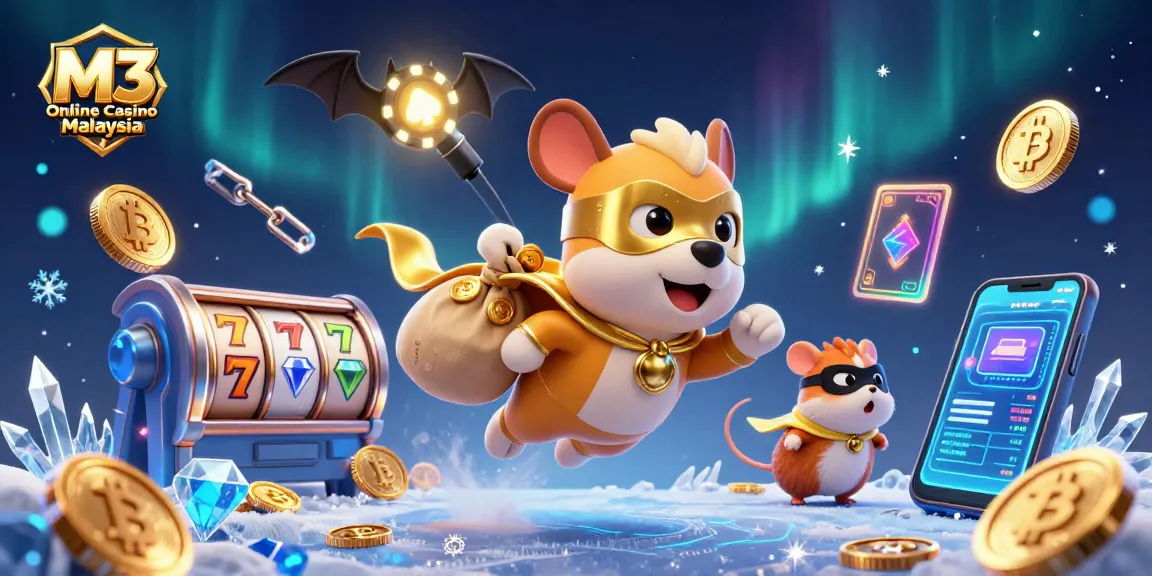 Experience thrilling gameplay at M3 Online Casino Malaysia with a superhero dog and gold coins.