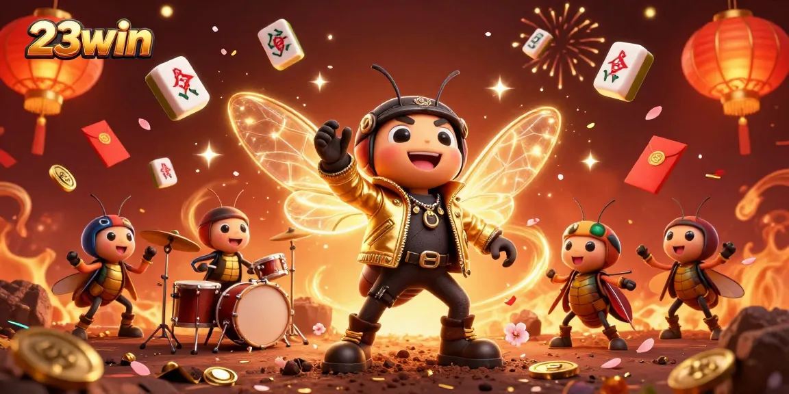 Join 23win's thrilling casino atmosphere with a rock star cicada, golden elements, and vibrant celebrations.