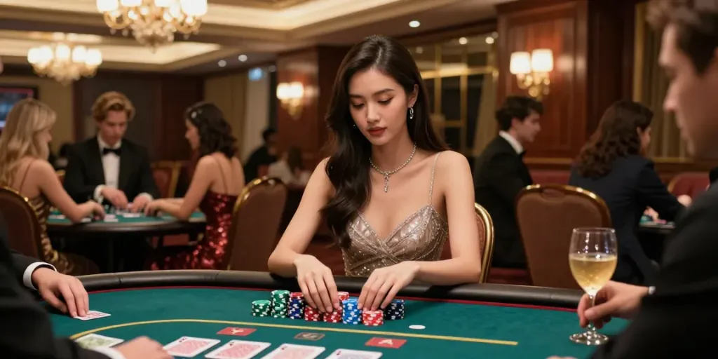 Bandar Togel di kasino mewah dengan suasana elegan dan bermain kartu.