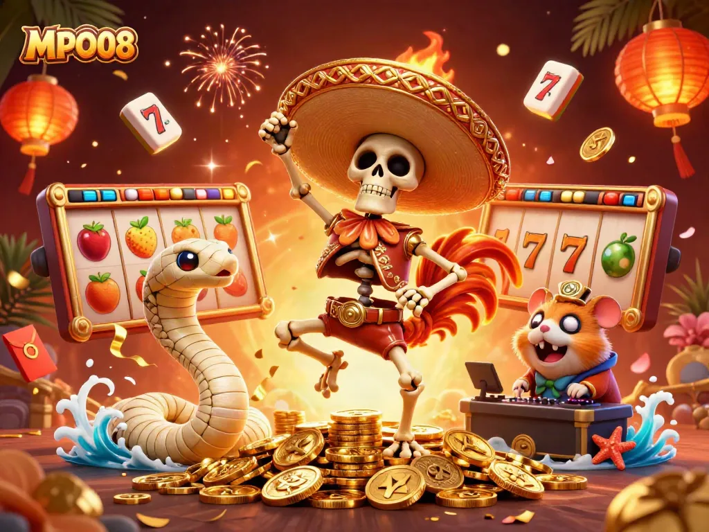 Celebrate wins at MPO08 with a vibrant 3D scene of a dancing mariachi rooster and colorful casino elements.