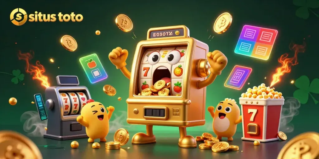 Slot machine hits jackpot in a vibrant casino scene showcasing situs toto excitement and winning.