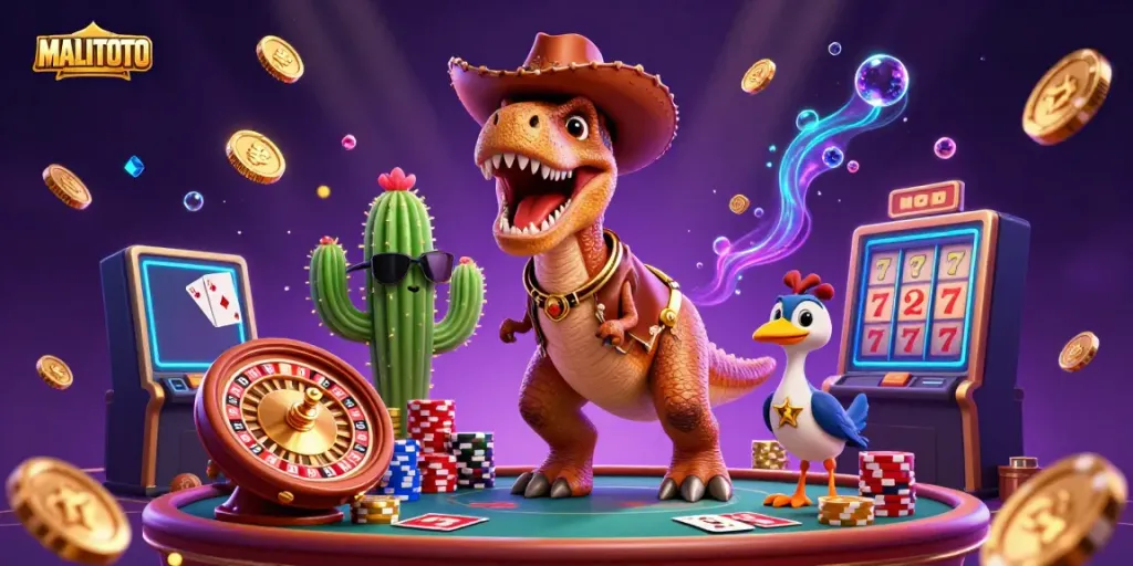 MALITOTO showcases an exciting online casino scene with a cartoon dinosaur, a cactus, and a roadrunner, surrounded by golden coins and a spinning roulette wheel.