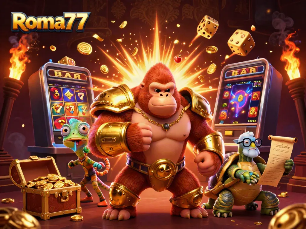 Experience Roma77's thrilling online gaming with vibrant slots and dynamic casino characters.
