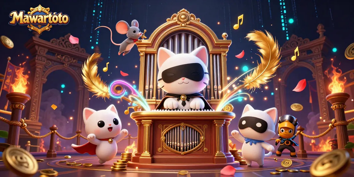 Mawartoto showcases a vibrant, dynamic casino scene with a whimsical cat and acrobat, enhancing your gaming experience.
