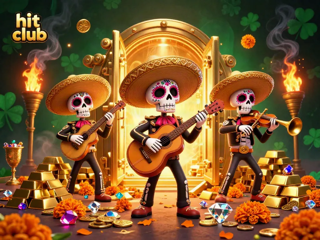 Experience the thrilling atmosphere of hit club with a vibrant mariachi band surrounded by treasures.