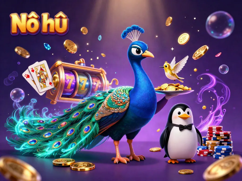 Engage in the thrill of Nổ hũ with a colorful scene filled with golden chips and vibrant characters.