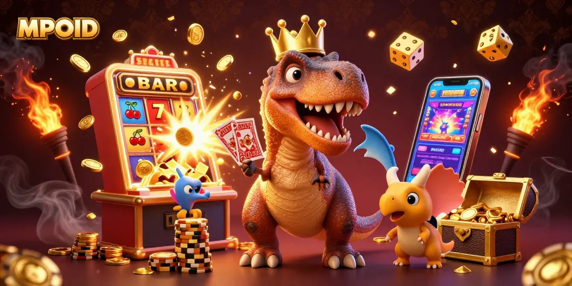 Engage with MPOID’s dynamic casino adventure featuring T-Rex, pterodactyl, and triceratops amidst vibrant slot machine action.