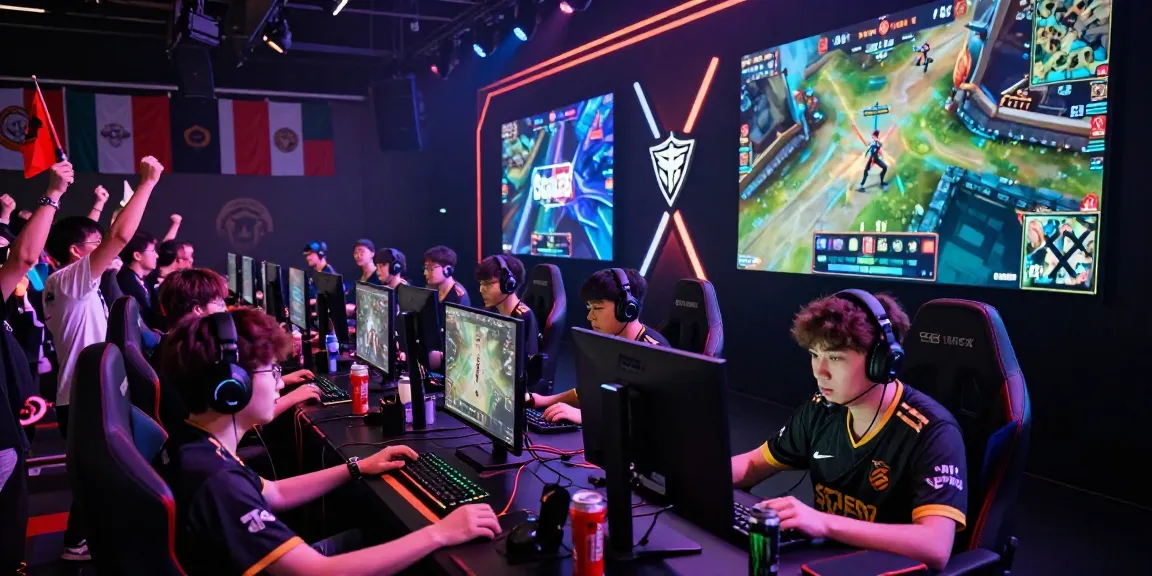 Exciting esports tournament scene featuring Sga33, professional gamers competing with intense focus in a vibrant arena filled with cheering fans.