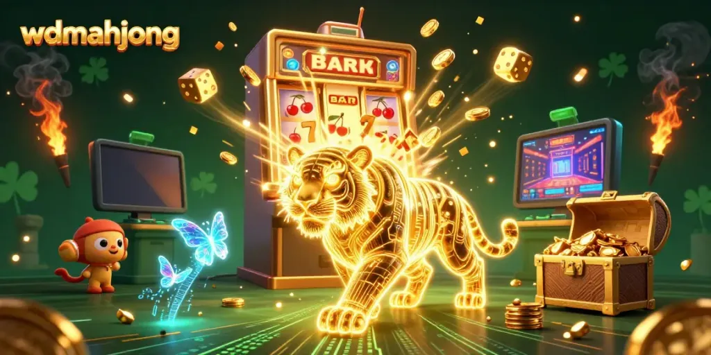 Experience the vibrant energy of wdmahjong in this dynamic slot machine scene bursting with excitement.