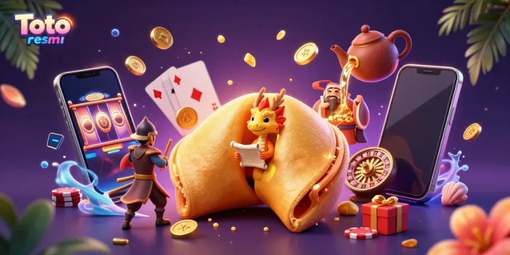 Engage with Toto resmi in a vibrant 3D digital scene featuring a giant fortune cookie, a dragon, and gaming elements.