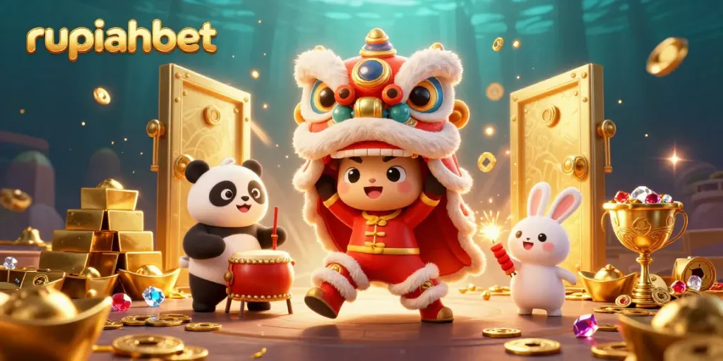 Play and win with rupiahbet in a festive casino illustration featuring golden treasures.
