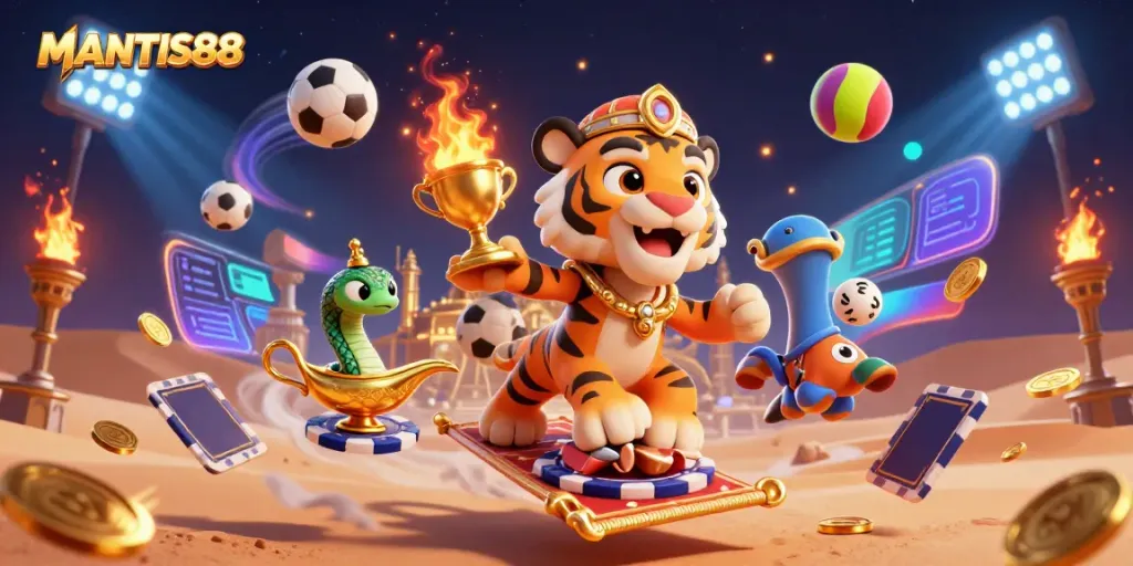 MANTIS88 showcases a vibrant 3D casino scene featuring a tiger sultan, sports balls, and gold elements in a dynamic composition.