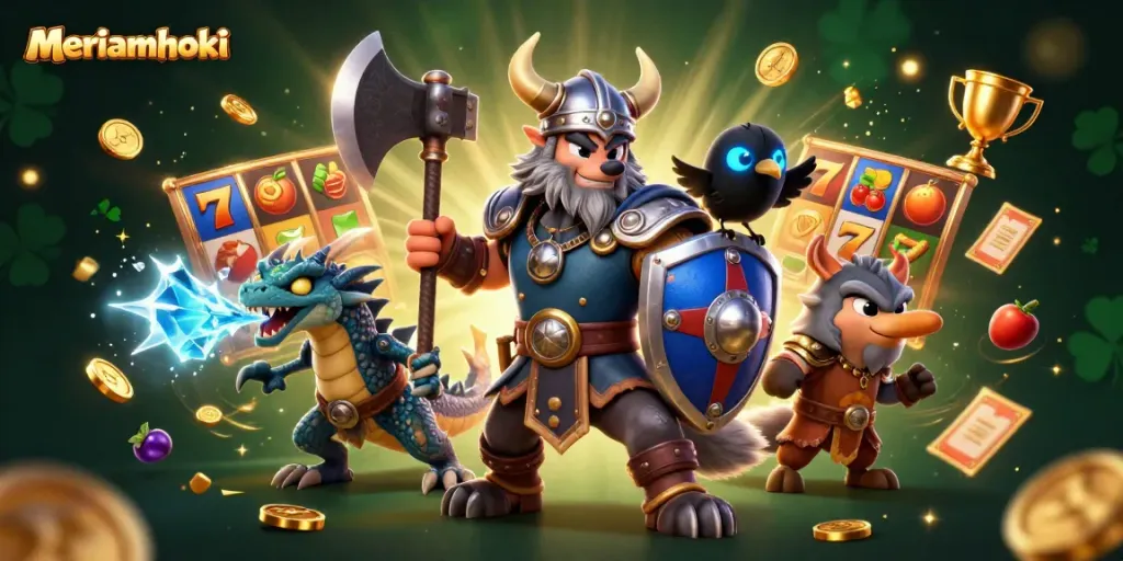Meriamhoki menyajikan ilustrasi 3D kasino yang penuh dengan simbol permainan seperti jackpot dan gulungan slot, menampilkan karakter kartun dramatis.